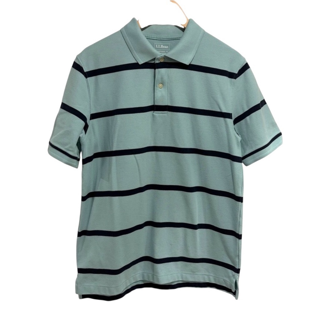 L.L. Bean Men's Blue and Navy Striped Short Sleeved Polo Traditional Fit